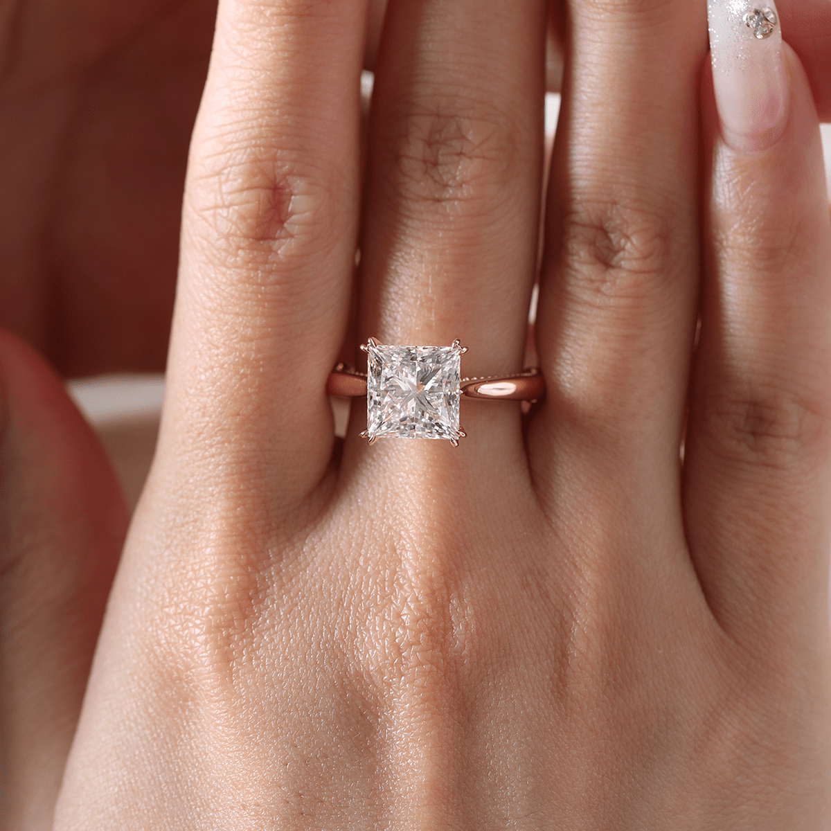 18K Yellow Gold 4ct Princess Cut Lab Diamond Double Claw Prongs Vintage Millegrain Ring – Art Nouveau Nature - Inspired Design - FIORESE JEWELRY