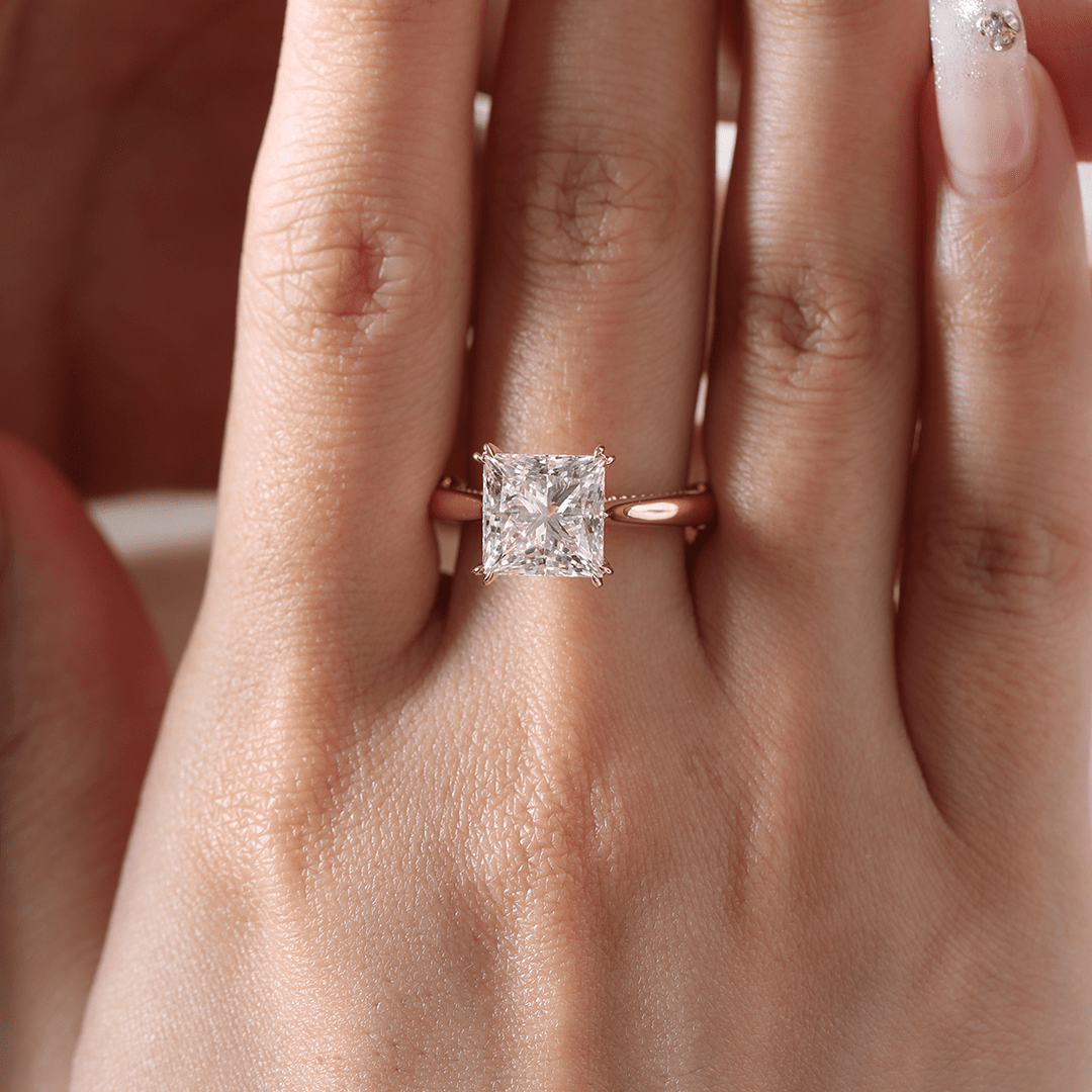 18K Yellow Gold 4ct Princess Cut Lab Diamond Double Claw Prongs Vintage Millegrain Ring – Art Nouveau Nature - Inspired Design - FIORESE JEWELRY