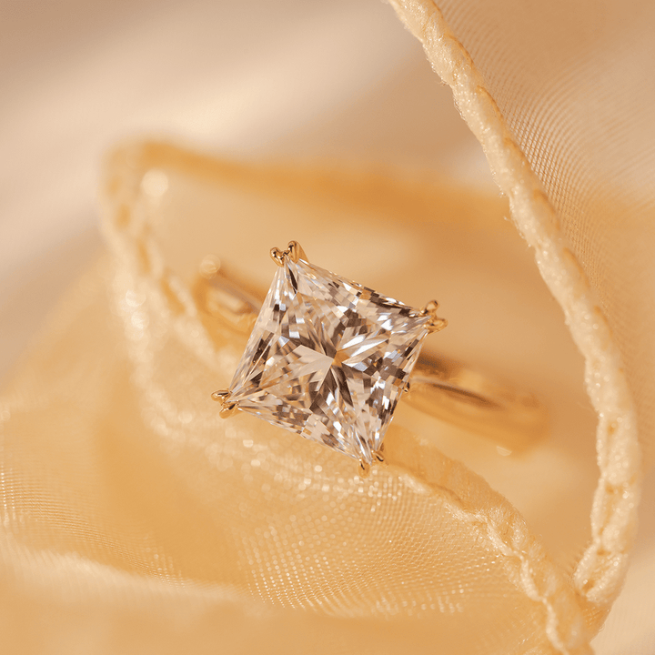 18K Yellow Gold 4ct Princess Cut Lab Diamond Double Claw Prongs Vintage Millegrain Ring – Art Nouveau Nature - Inspired Design - FIORESE JEWELRY