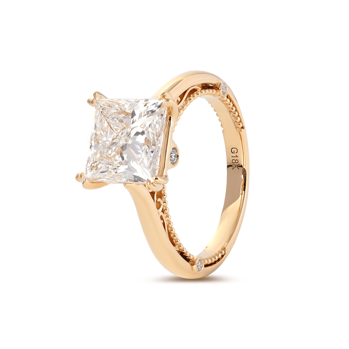 18K Yellow Gold 4ct Princess Cut Lab Diamond Double Claw Prongs Vintage Millegrain Ring – Art Nouveau Nature - Inspired Design - FIORESE JEWELRY