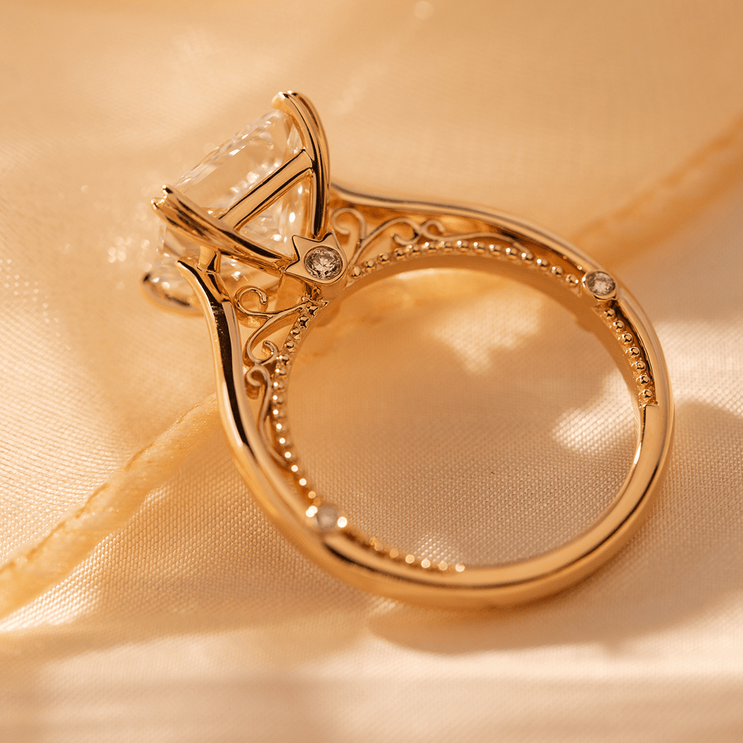 18K Yellow Gold 4ct Princess Cut Lab Diamond Double Claw Prongs Vintage Millegrain Ring – Art Nouveau Nature - Inspired Design - FIORESE JEWELRY