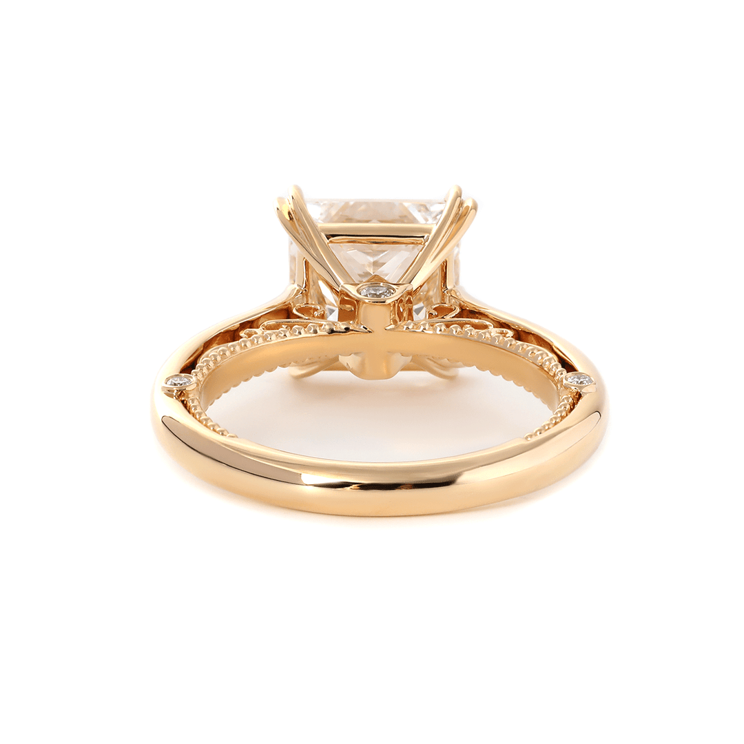 18K Yellow Gold 4ct Princess Cut Lab Diamond Double Claw Prongs Vintage Millegrain Ring – Art Nouveau Nature - Inspired Design - FIORESE JEWELRY