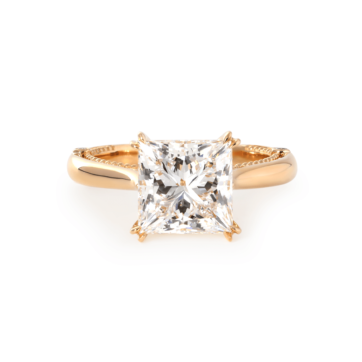 18K Yellow Gold 4ct Princess Cut Lab Diamond Double Claw Prongs Vintage Millegrain Ring – Art Nouveau Nature - Inspired Design - FIORESE JEWELRY