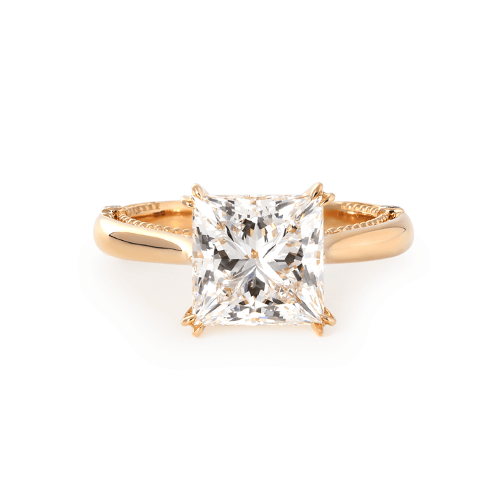 18K Yellow Gold 4ct Princess Cut Lab Diamond Double Claw Prongs Vintage Millegrain Ring – Art Nouveau Nature - Inspired Design - FIORESE JEWELRY