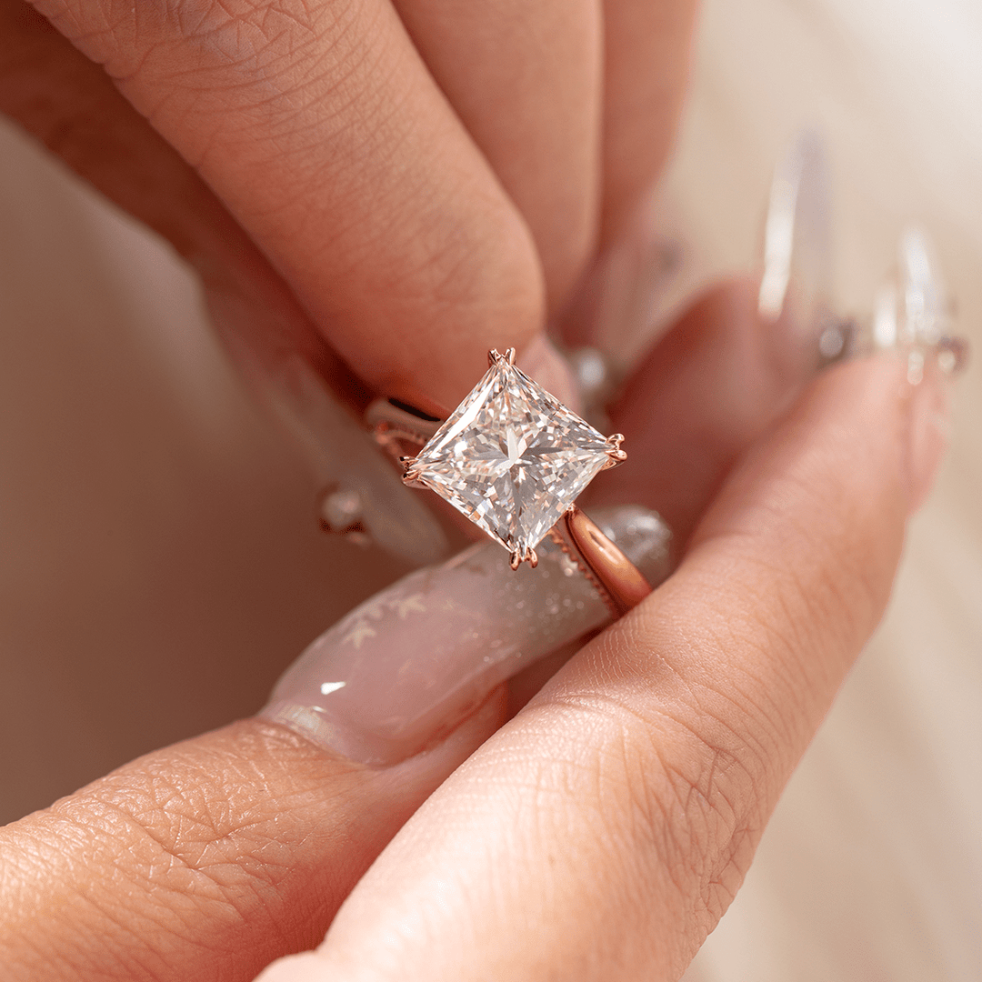 18K Yellow Gold 4ct Princess Cut Lab Diamond Double Claw Prongs Vintage Millegrain Ring – Art Nouveau Nature - Inspired Design - FIORESE JEWELRY