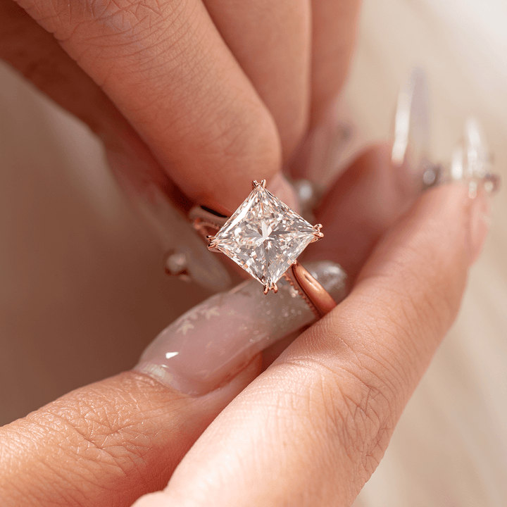 18K Yellow Gold 4ct Princess Cut Lab Diamond Double Claw Prongs Vintage Millegrain Ring – Art Nouveau Nature - Inspired Design - FIORESE JEWELRY
