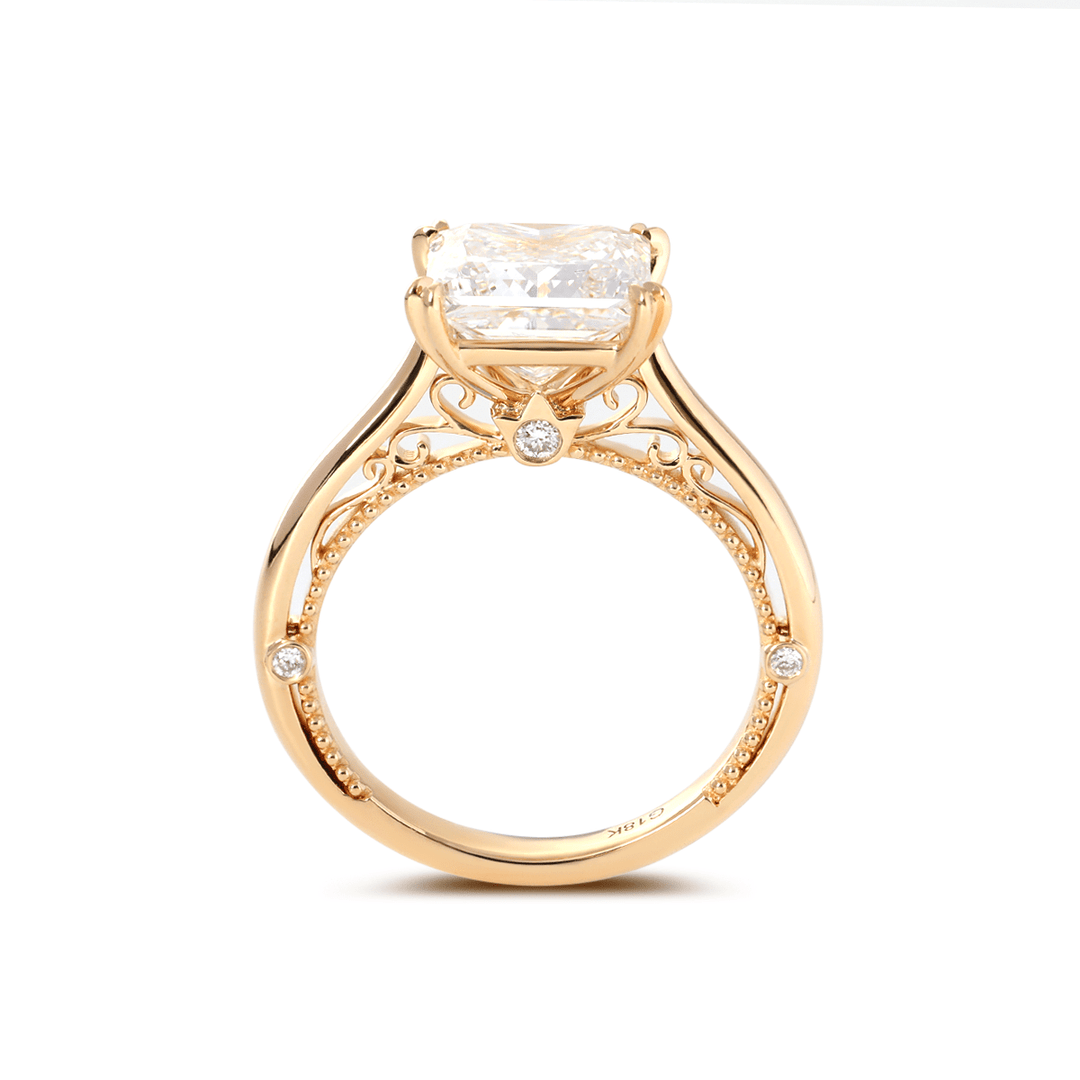 18K Yellow Gold 4ct Princess Cut Lab Diamond Double Claw Prongs Vintage Millegrain Ring – Art Nouveau Nature - Inspired Design - FIORESE JEWELRY