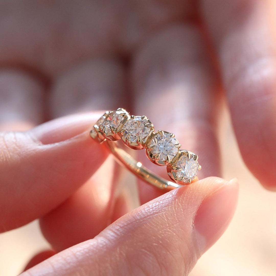 18K Yellow Gold 5 Stone Round Brilliant Cut Diamond Statement Ring - FIORESE JEWELRY
