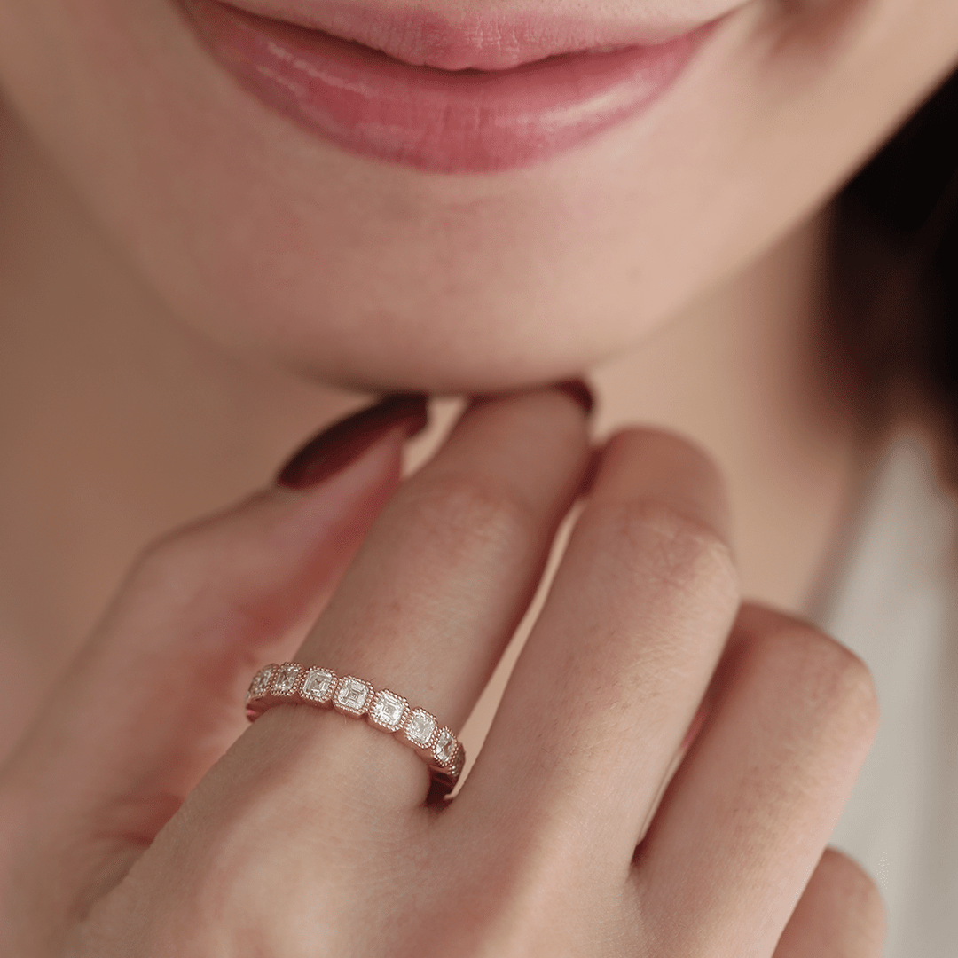 18K Yellow Gold Asscher Cut Lab Diamond Millegrain Bezel Eternity Ring - FIORESE JEWELRY