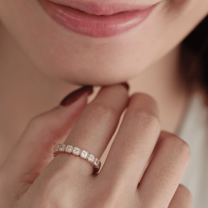 18K Yellow Gold Asscher Cut Lab Diamond Millegrain Bezel Eternity Ring - FIORESE JEWELRY