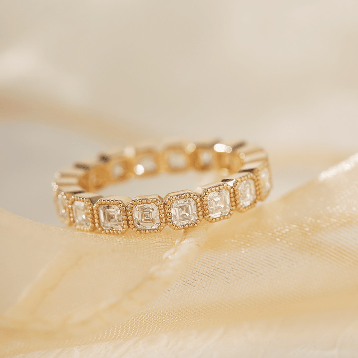 18K Yellow Gold Asscher Cut Lab Diamond Millegrain Bezel Eternity Ring - FIORESE JEWELRY
