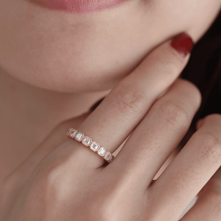 18K Yellow Gold Asscher Cut Lab Diamond Millegrain Bezel Eternity Ring - FIORESE JEWELRY