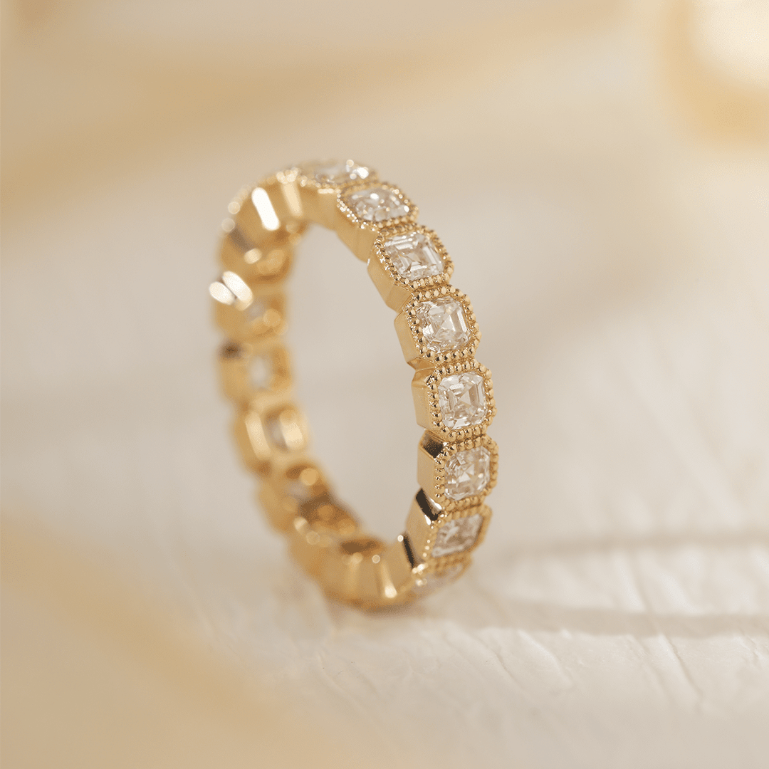 18K Yellow Gold Asscher Cut Lab Diamond Millegrain Bezel Eternity Ring - FIORESE JEWELRY