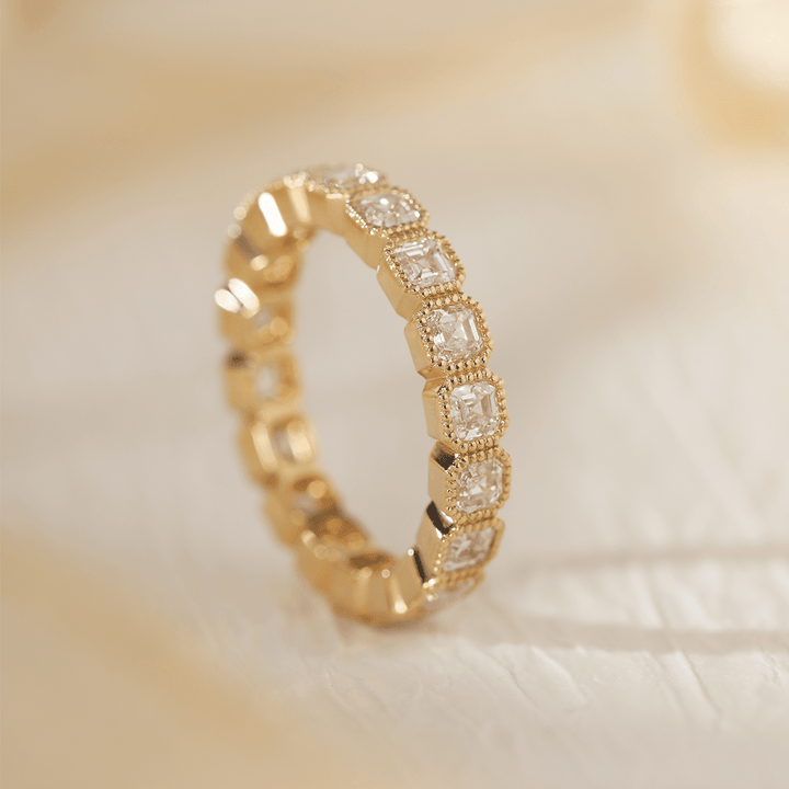 18K Yellow Gold Asscher Cut Lab Diamond Millegrain Bezel Eternity Ring - FIORESE JEWELRY