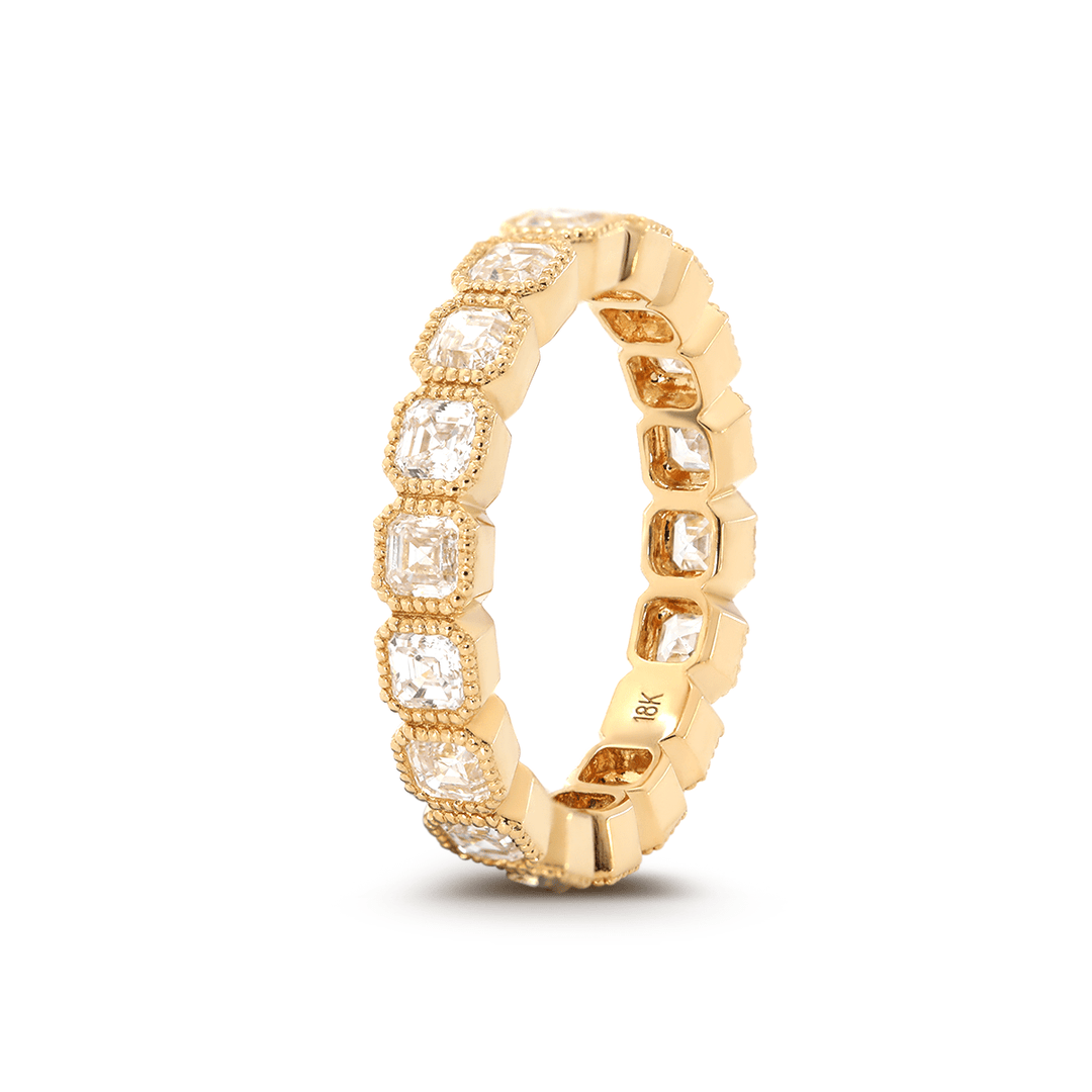 18K Yellow Gold Asscher Cut Lab Diamond Millegrain Bezel Eternity Ring - FIORESE JEWELRY