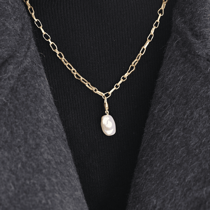 18K Yellow Gold Baroque Pearl Pendant Necklace with Handcrafted Irregular - Shaped Chain - FIORESE JEWELRY