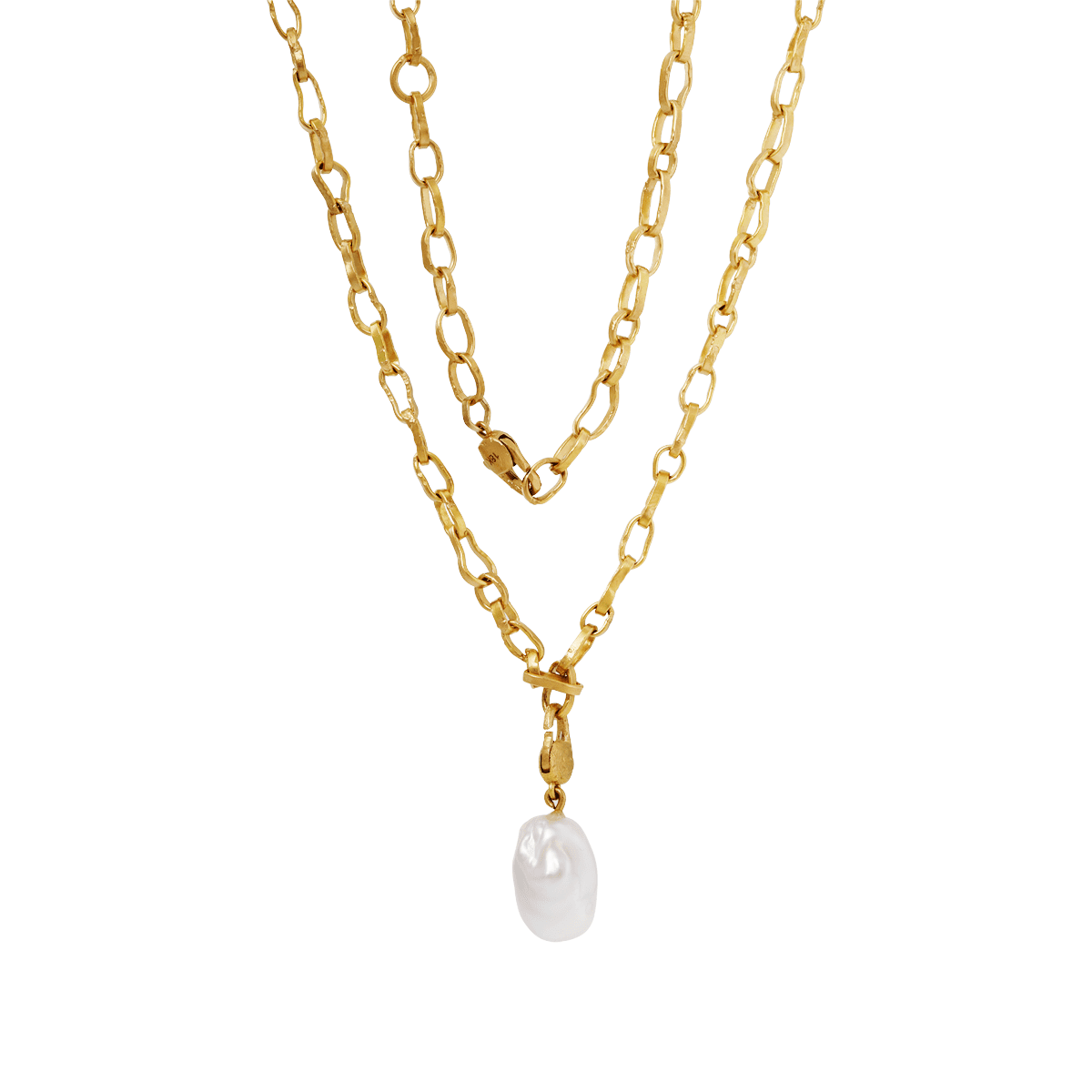 18K Yellow Gold Baroque Pearl Pendant Necklace with Handcrafted Irregular-Shaped Chain