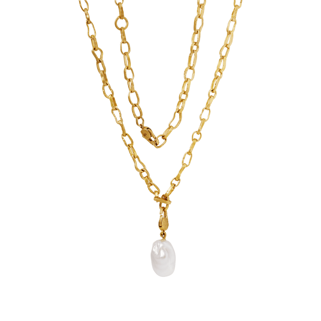 18K Yellow Gold Baroque Pearl Pendant Necklace with Handcrafted Irregular - Shaped Chain - FIORESE JEWELRY