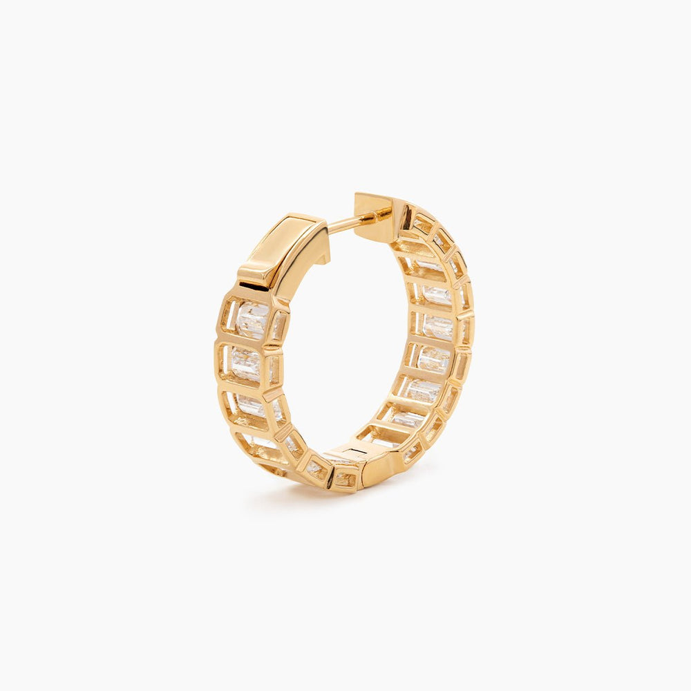 18K Yellow Gold Emerald Cut Lab Diamond Half Bezel Huggie Earrings - FIORESE JEWELRY