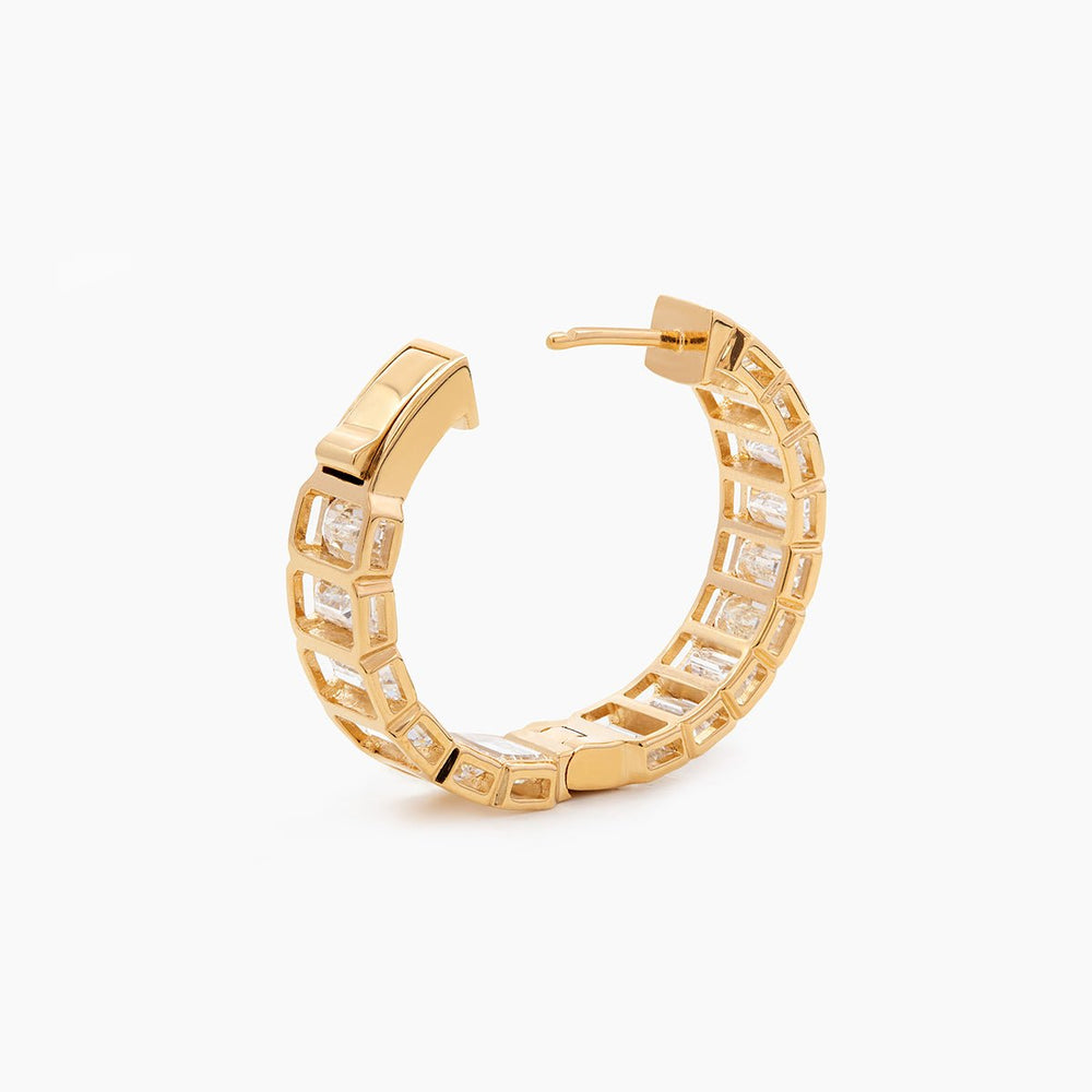 18K Yellow Gold Emerald Cut Lab Diamond Half Bezel Huggie Earrings - FIORESE JEWELRY