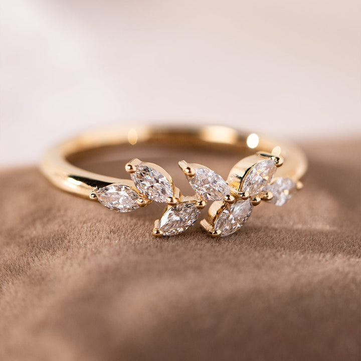 18K Yellow Gold Marquise Cut Lab Diamond 7 Stone Nature - Inspired Wedding Ring - FIORESE JEWELRY