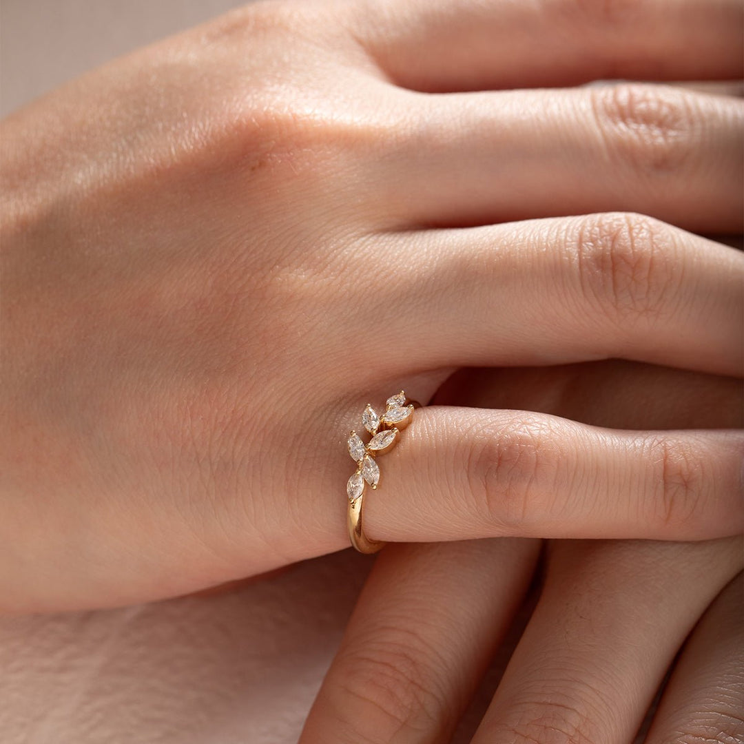 18K Yellow Gold Marquise Cut Lab Diamond 7 Stone Nature - Inspired Wedding Ring - FIORESE JEWELRY