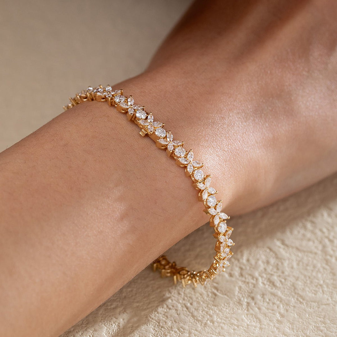 18K Yellow Gold Marquise Cut &amp; Round Cut Lab Diamond Floral Tennis Bracelet - FIORESE JEWELRY