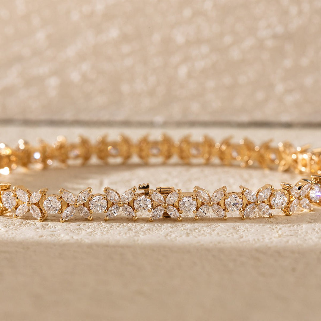 18K Yellow Gold Marquise Cut &amp; Round Cut Lab Diamond Floral Tennis Bracelet - FIORESE JEWELRY