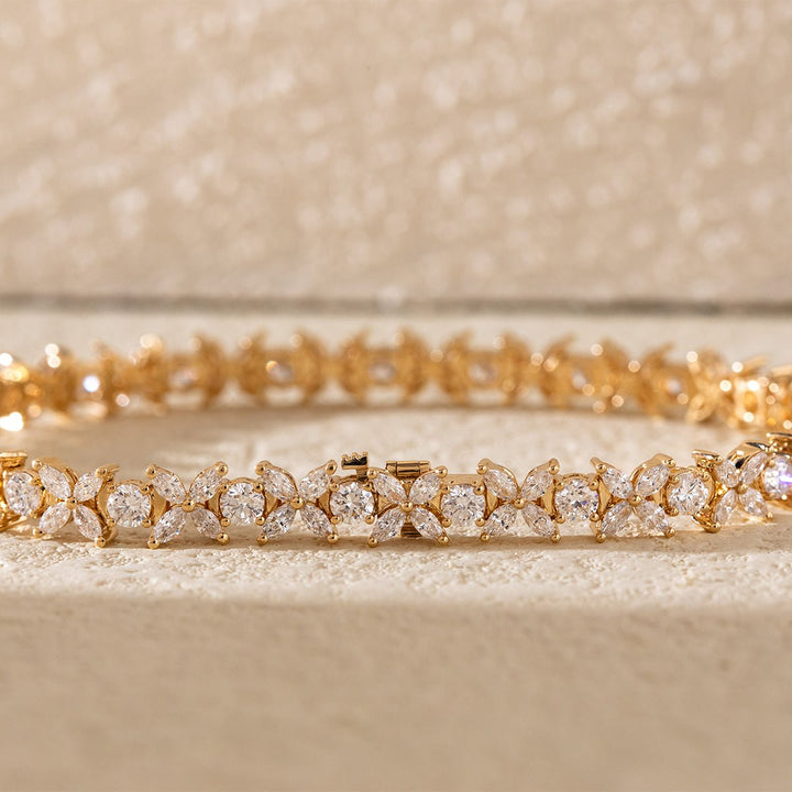 18K Yellow Gold Marquise Cut &amp; Round Cut Lab Diamond Floral Tennis Bracelet - FIORESE JEWELRY