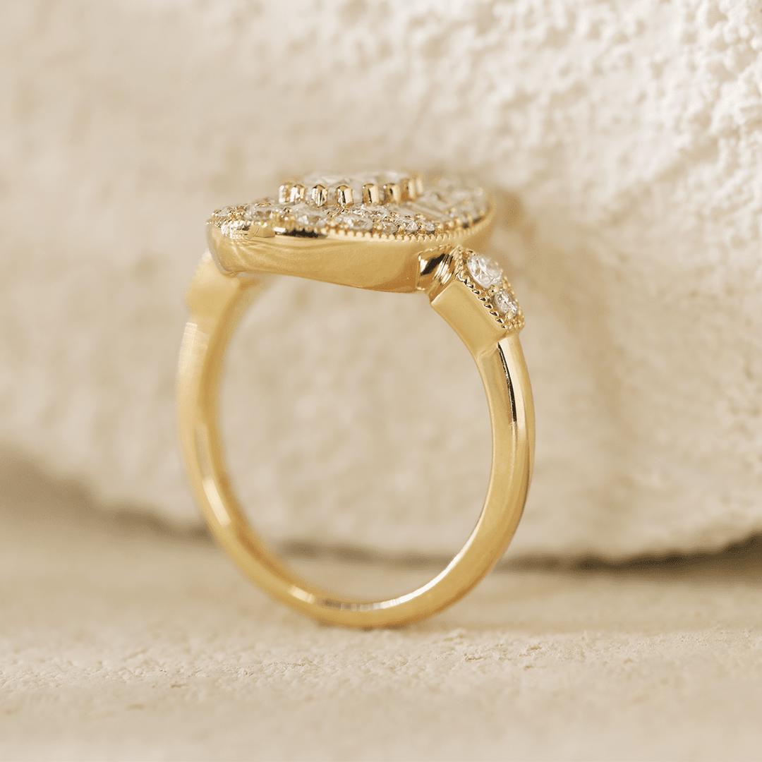 18K Yellow Gold Oval Lab Diamond Millegrain Vintage Style Ring with Round and Tapered Baguette Side - stones Halo - FIORESE JEWELRY