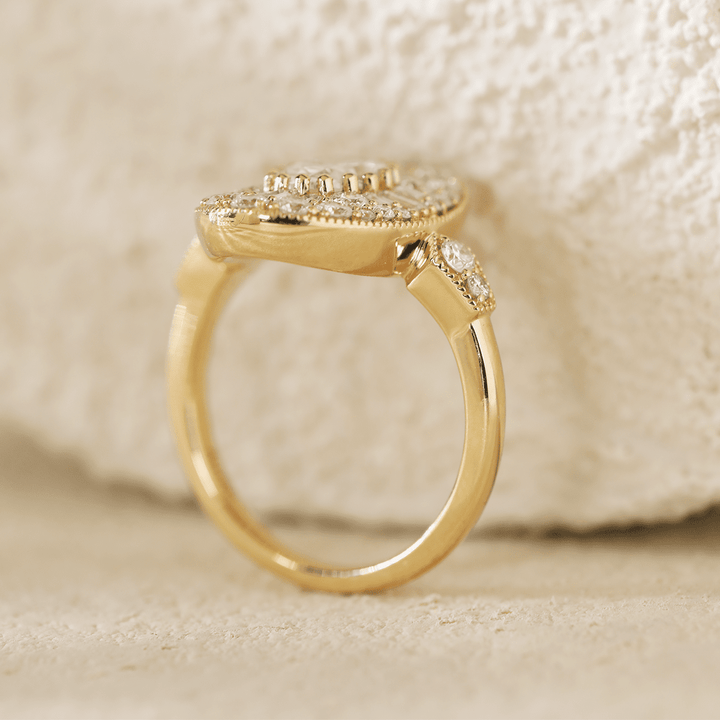 18K Yellow Gold Oval Lab Diamond Millegrain Vintage Style Ring with Round and Tapered Baguette Side - stones Halo - FIORESE JEWELRY