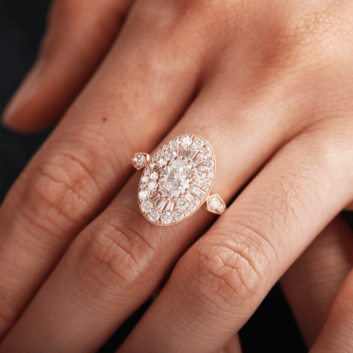 18K Yellow Gold Oval Lab Diamond Millegrain Vintage Style Ring with Round and Tapered Baguette Side - stones Halo - FIORESE JEWELRY