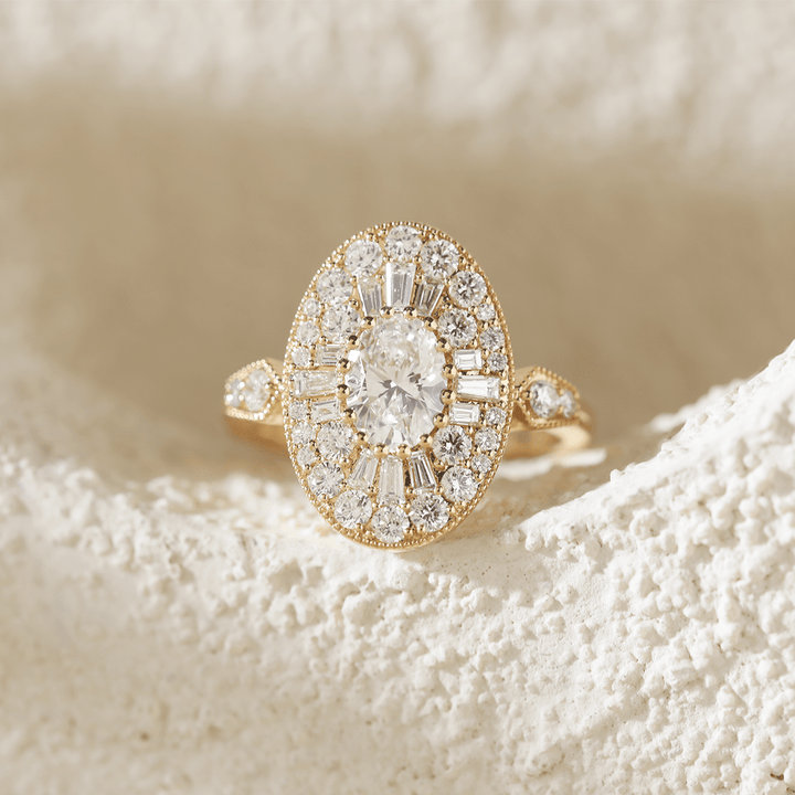 18K Yellow Gold Oval Lab Diamond Millegrain Vintage Style Ring with Round and Tapered Baguette Side - stones Halo - FIORESE JEWELRY