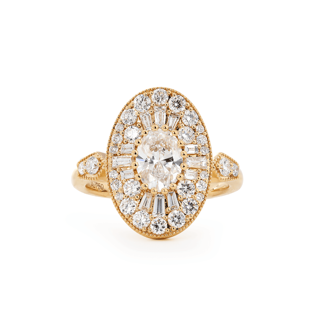 18K Yellow Gold Oval Lab Diamond Millegrain Vintage Style Ring with Round and Tapered Baguette Side - stones Halo - FIORESE JEWELRY