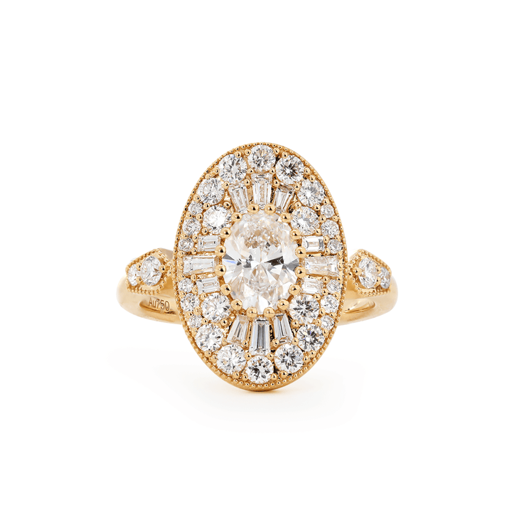 18K Yellow Gold Oval Lab Diamond Millegrain Vintage Style Ring with Round and Tapered Baguette Side - stones Halo - FIORESE JEWELRY