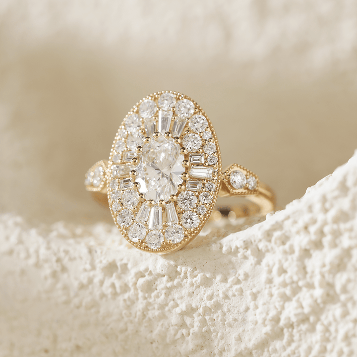 18K Yellow Gold Oval Lab Diamond Millegrain Vintage Style Ring with Round and Tapered Baguette Side - stones Halo - FIORESE JEWELRY