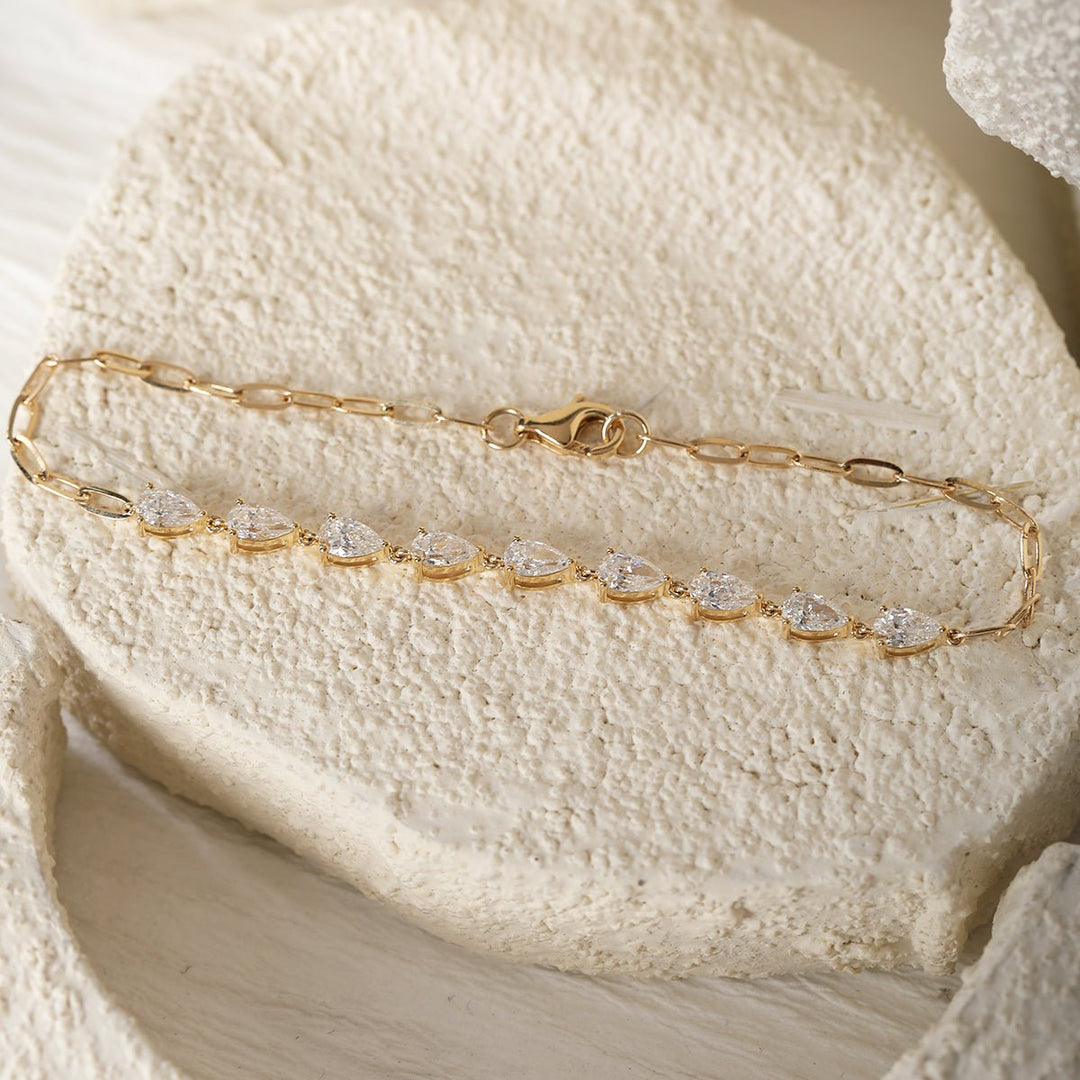 18K Yellow Gold Pear Lab Diamond 9 Stone Chain Bracelet - FIORESE JEWELRY