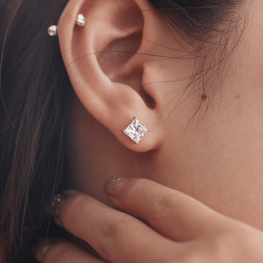 18K Yellow Gold Princes Cut Lab diamond Stud Earrings - FIORESE JEWELRY