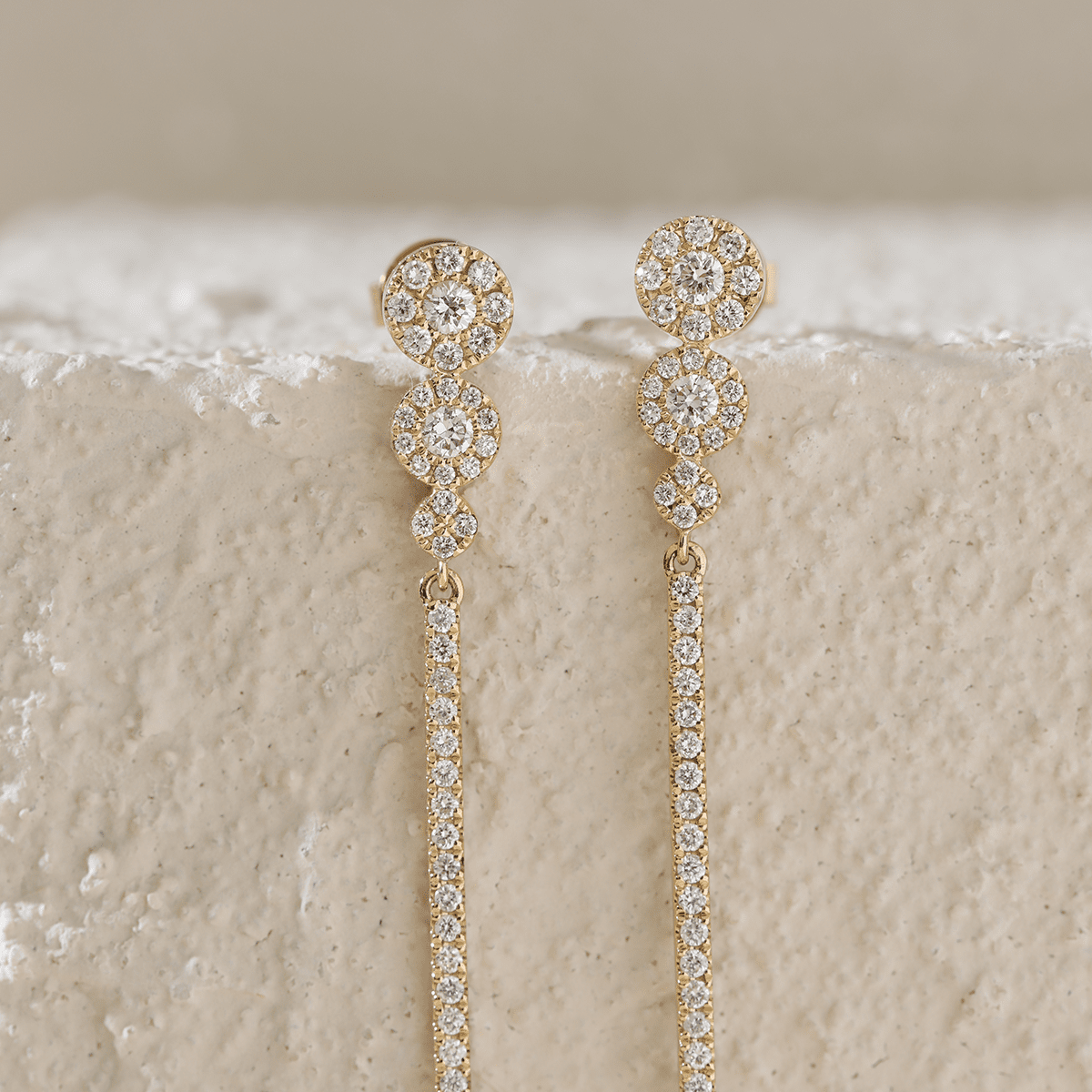 18K Yellow Gold Round Cut Diamond Pave Drop Earrings