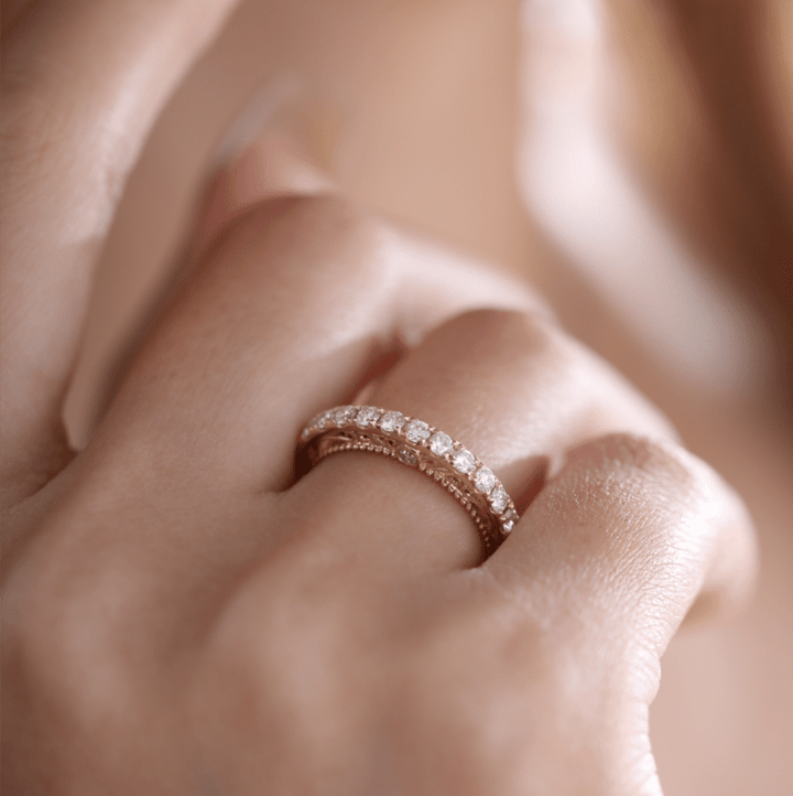 18K Yellow Gold Round Cut Lab Diamond Millegrain and Foral Design Eternity Ring - FIORESE JEWELRY