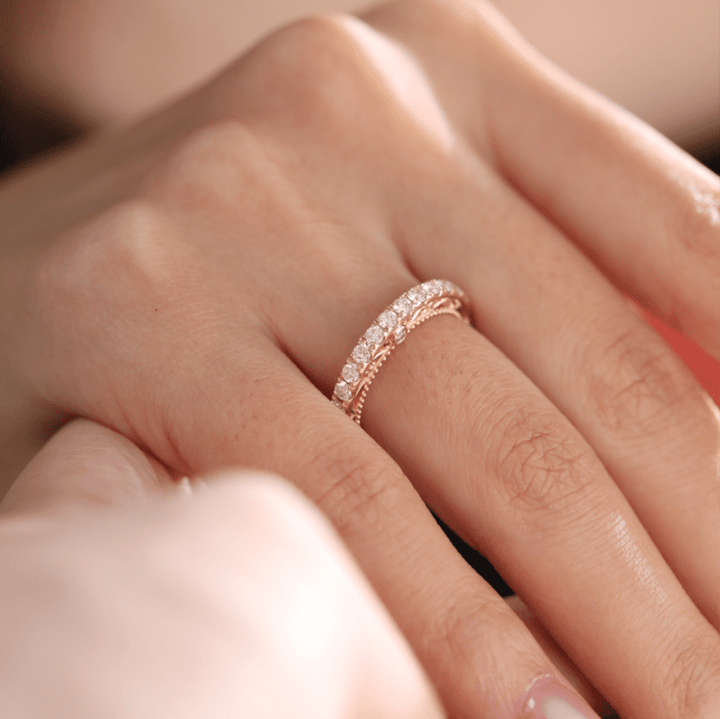 18K Yellow Gold Round Cut Lab Diamond Millegrain and Foral Design Eternity Ring - FIORESE JEWELRY