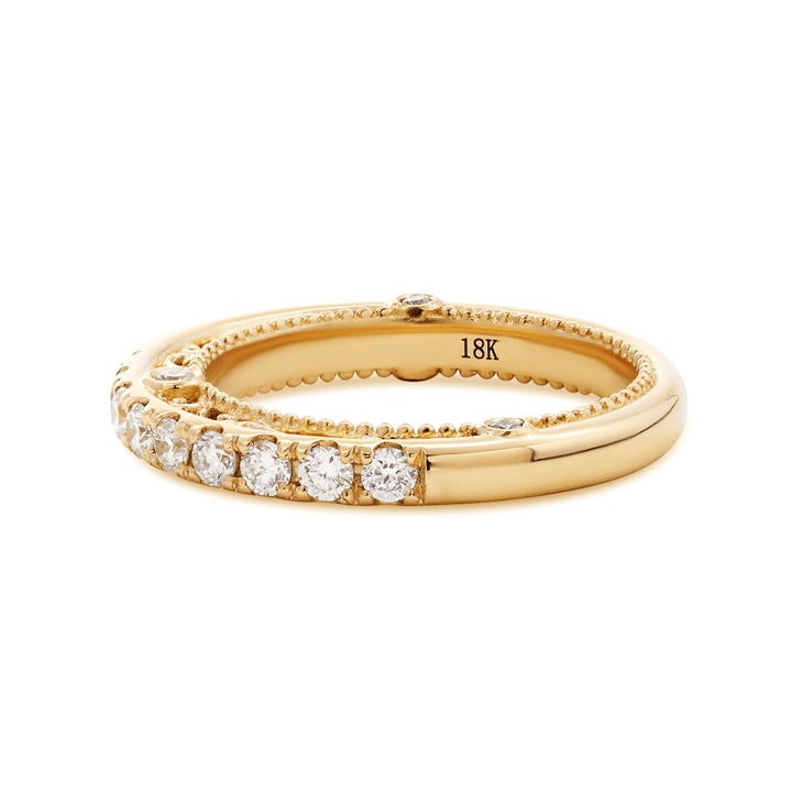 18K Yellow Gold Round Cut Lab Diamond Millegrain and Foral Design Eternity Ring - FIORESE JEWELRY
