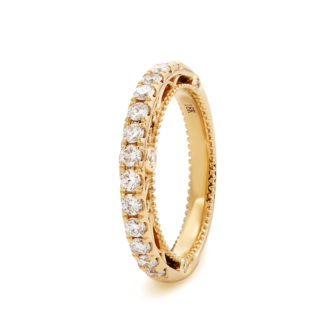 18K Yellow Gold Round Cut Lab Diamond Millegrain and Foral Design Eternity Ring - FIORESE JEWELRY