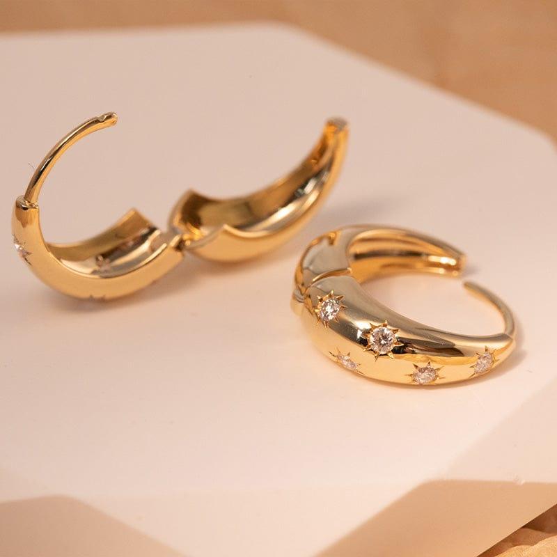 18K Yellow Gold Round Diamond 5 Star Diamond - milling Hoop Earrings - FIORESE JEWELRY