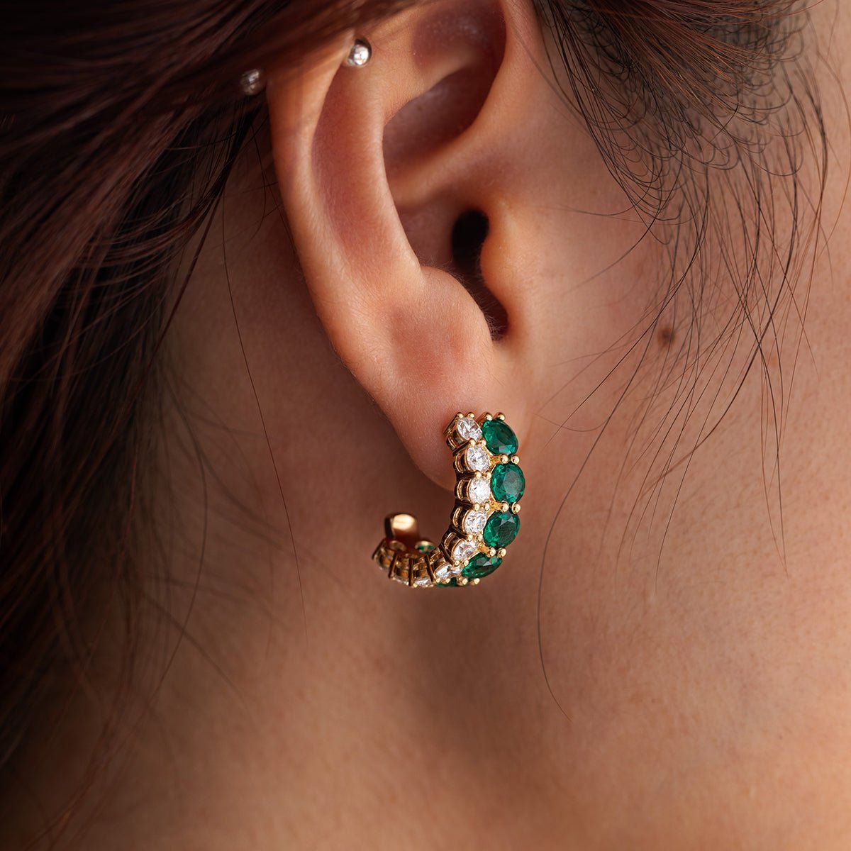 18K Yellow Gold Round Lab Diamond and Round Lab Zambian Emerald Stud Earrings