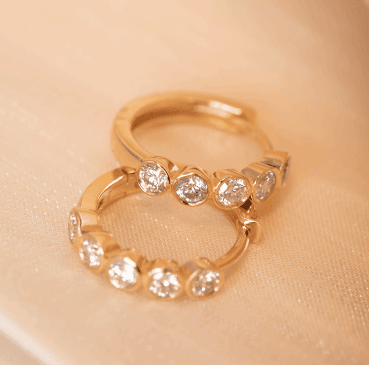 18K Yellow Gold Round Lab Diamond Five - stone Bezel Huggie Earrings - FIORESE JEWELRY