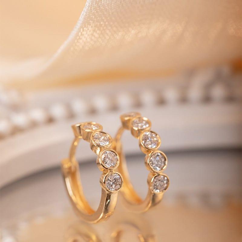 18K Yellow Gold Round Lab Diamond Five - stone Bezel Huggie Earrings - FIORESE JEWELRY