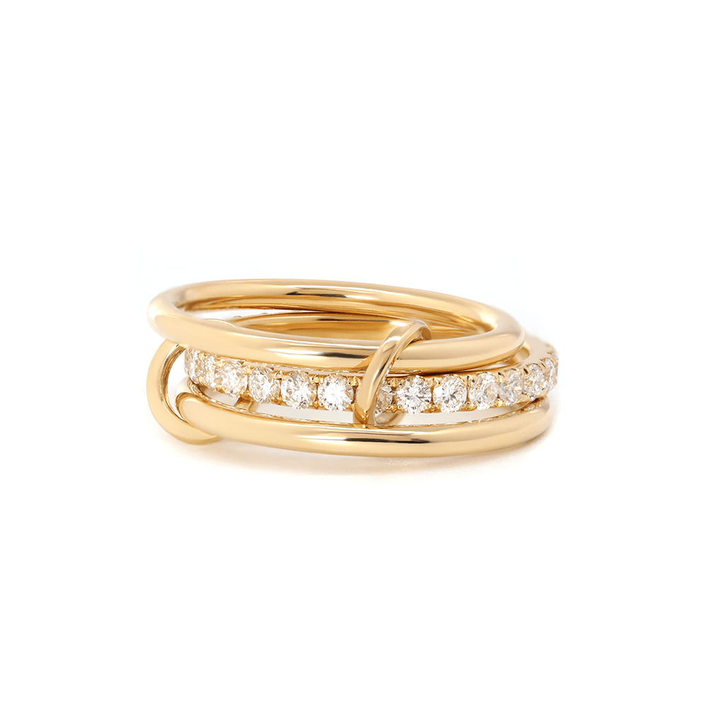 18K Yellow Gold Triple Link Stacking Ring with Round Lab Diamond Pave - FIORESE JEWELRY