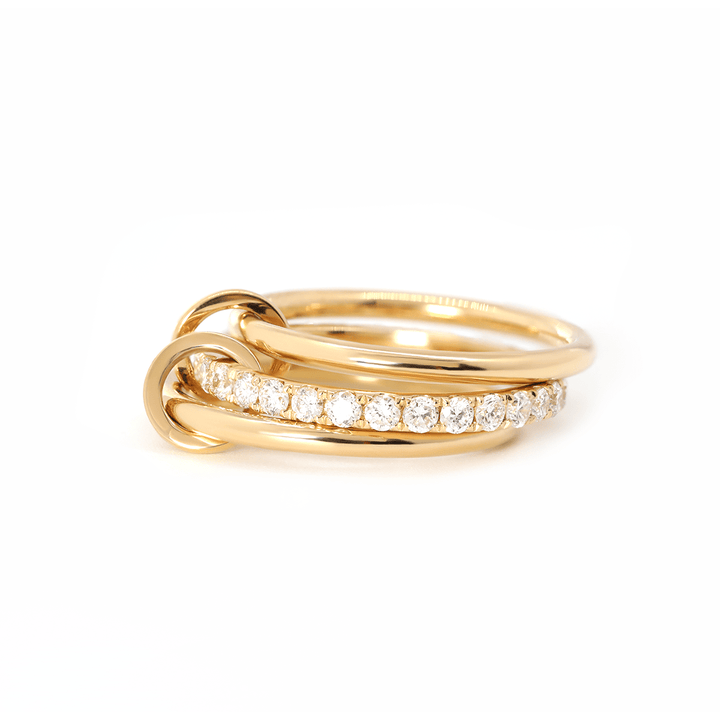18K Yellow Gold Triple Link Stacking Ring with Round Lab Diamond Pave - FIORESE JEWELRY