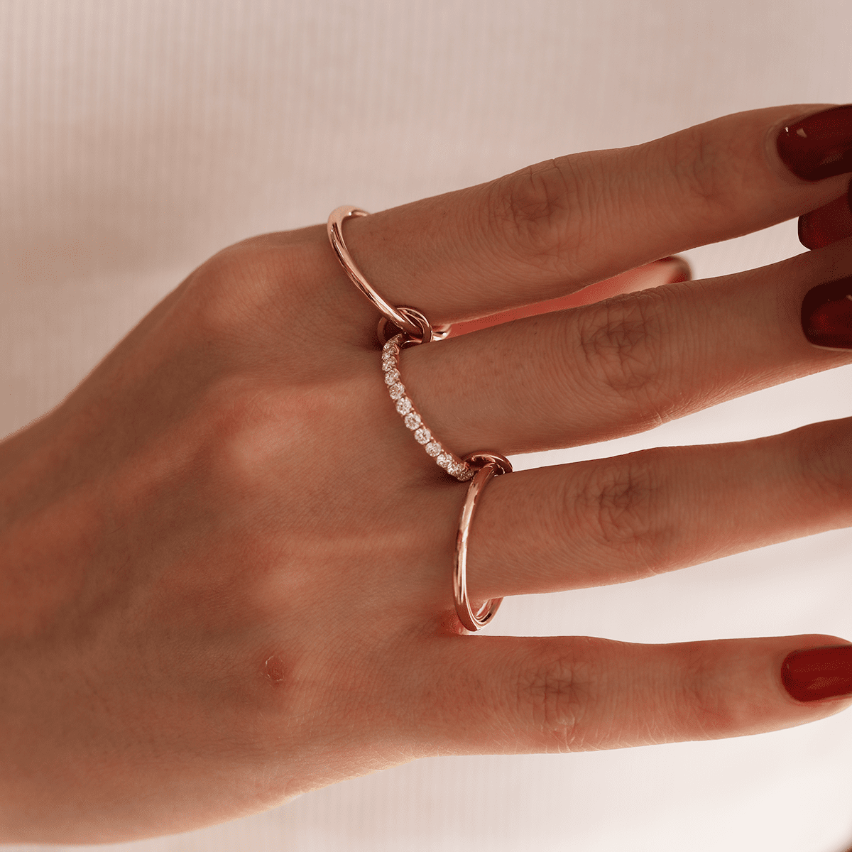 18K Yellow Gold Triple Link Stacking Ring with Round Lab Diamond Pave